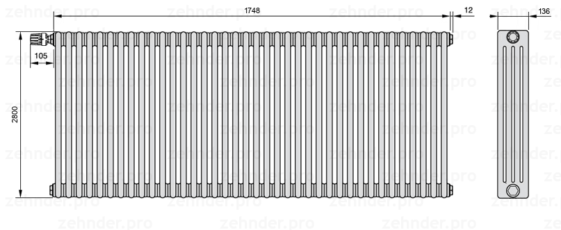 Схема (чертеж) Радиатор Zehnder Charleston 4280/38 №V012 Белый глянцевый RAL 9016